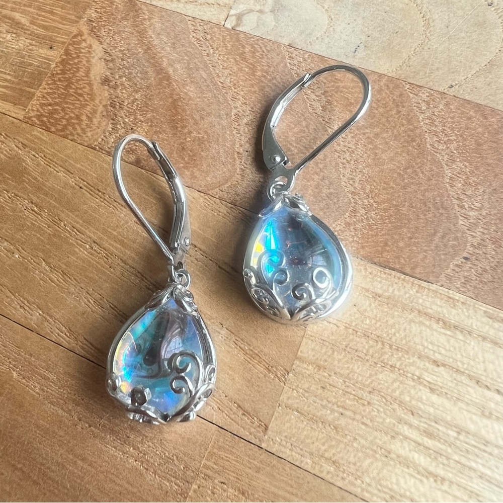 Opalite Filigree Teardrop Drop Dangle Earrings Sterling Silver Lever back
